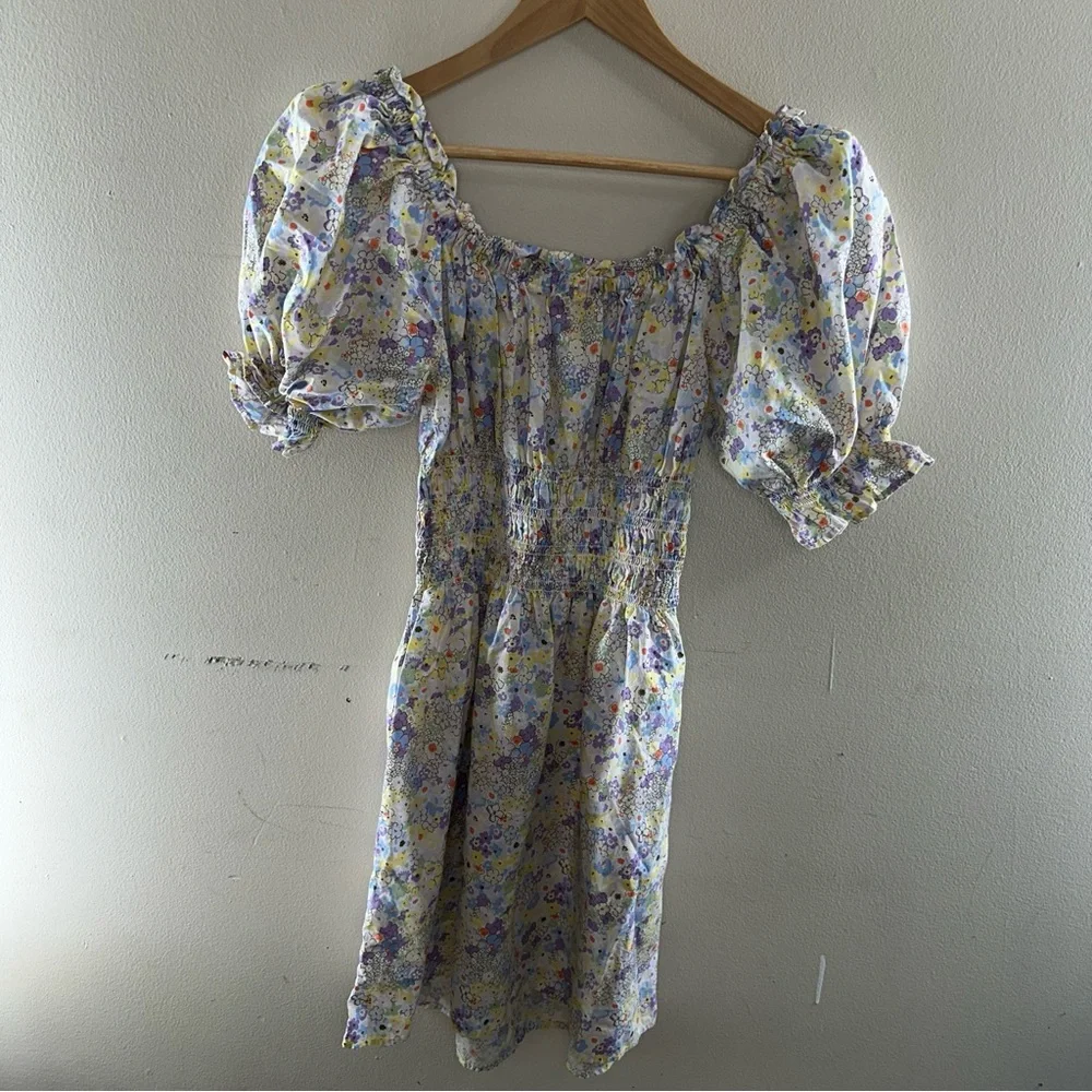 Levi - Floral Off Shoulder Smocked Mini Dress Puff Sleeve Boho Summer Women L - Picture 3 of 11